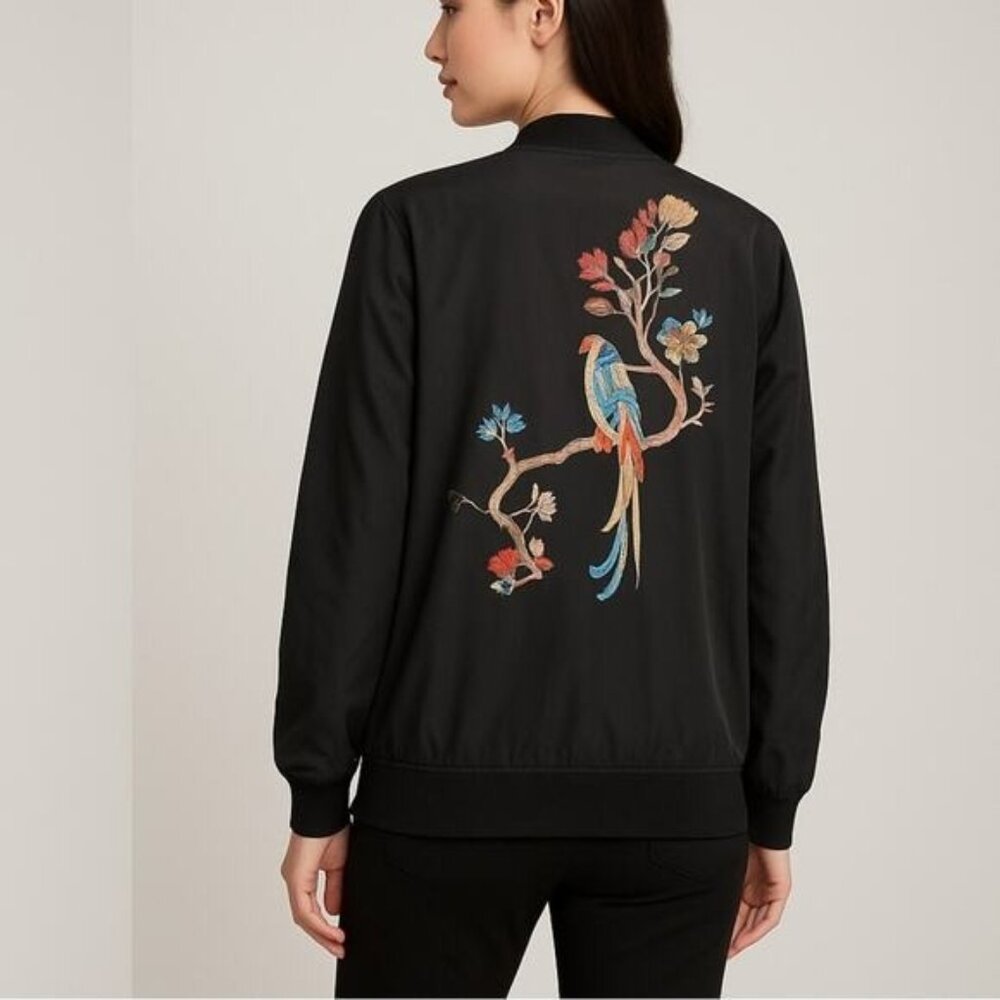Nanette Lepore Black Bomber Jacket Embroidered Bird & Floral Design Size XS